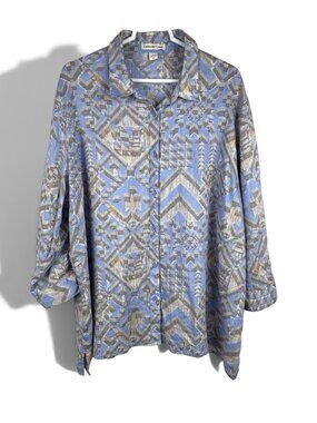 Coldwater Creek Plus Size 2X 100% Linen Geometric Aztec Button Front Shirt Blue